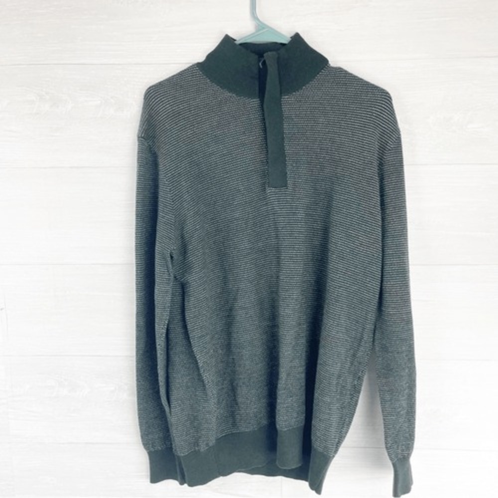 Untuckit Phoenix Striped Zip Up Merino Wool Sweater Mens Medium Green Grey